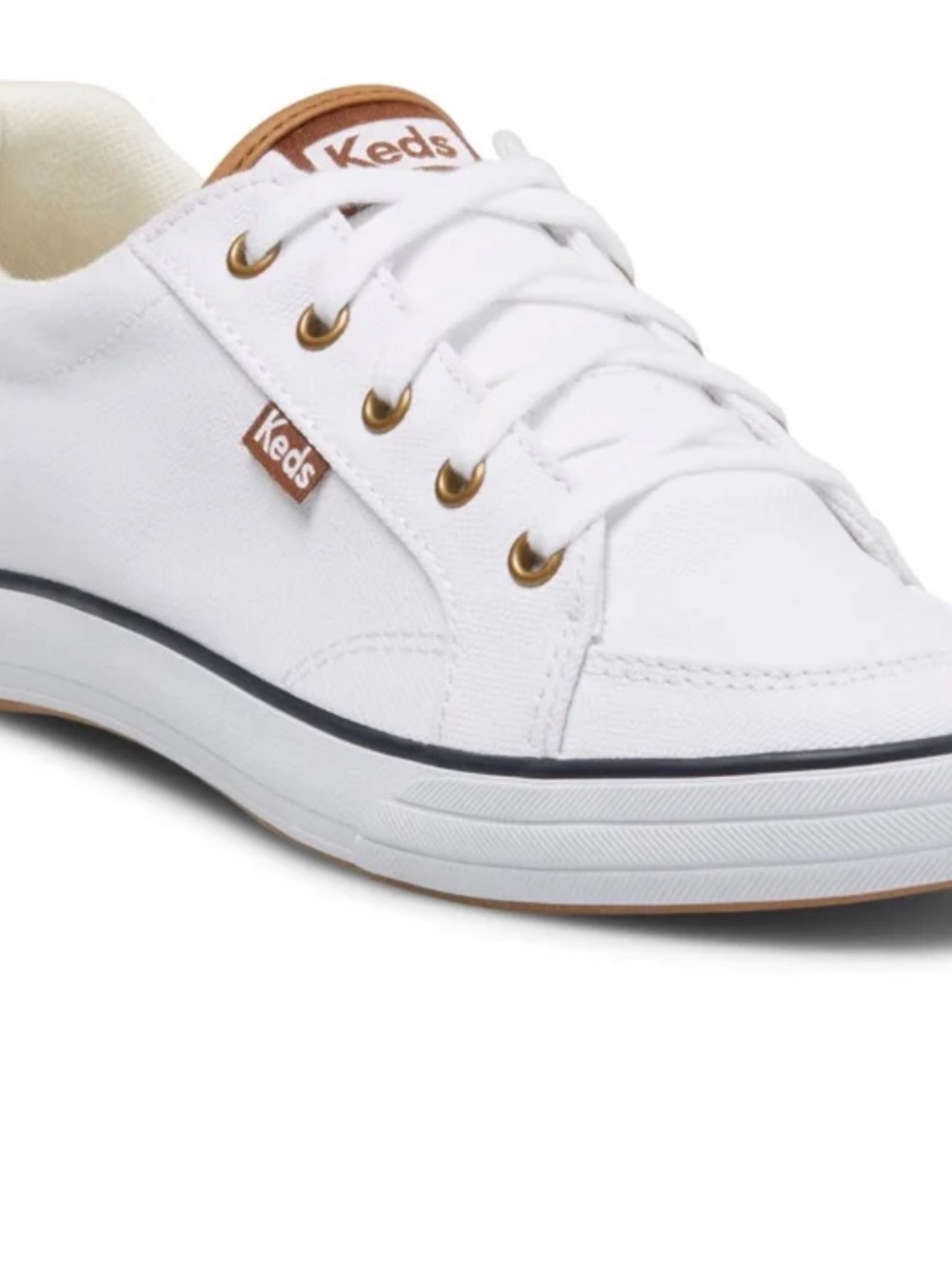 Keds Men’s White Canvas Sneakers with Navy Trim and Tan Logo Tabs